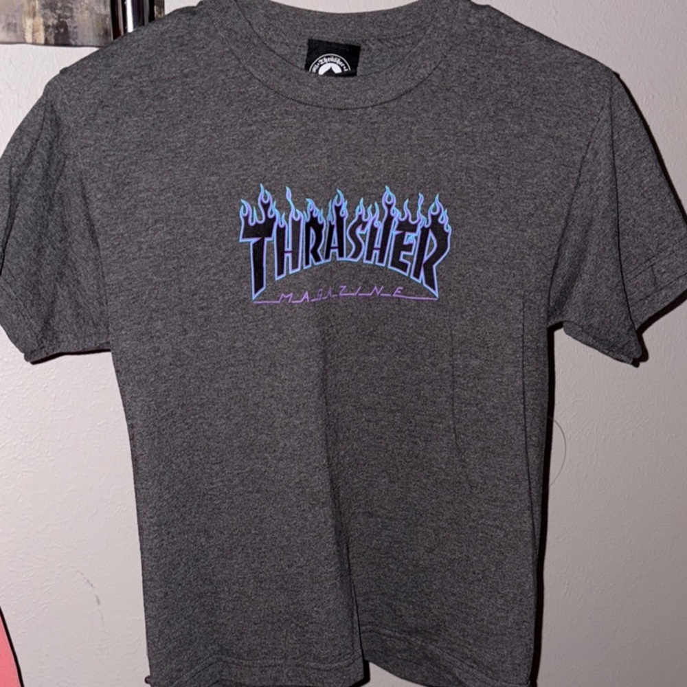 Thrasher Gray T-Shirt with Blue and Purple Logo